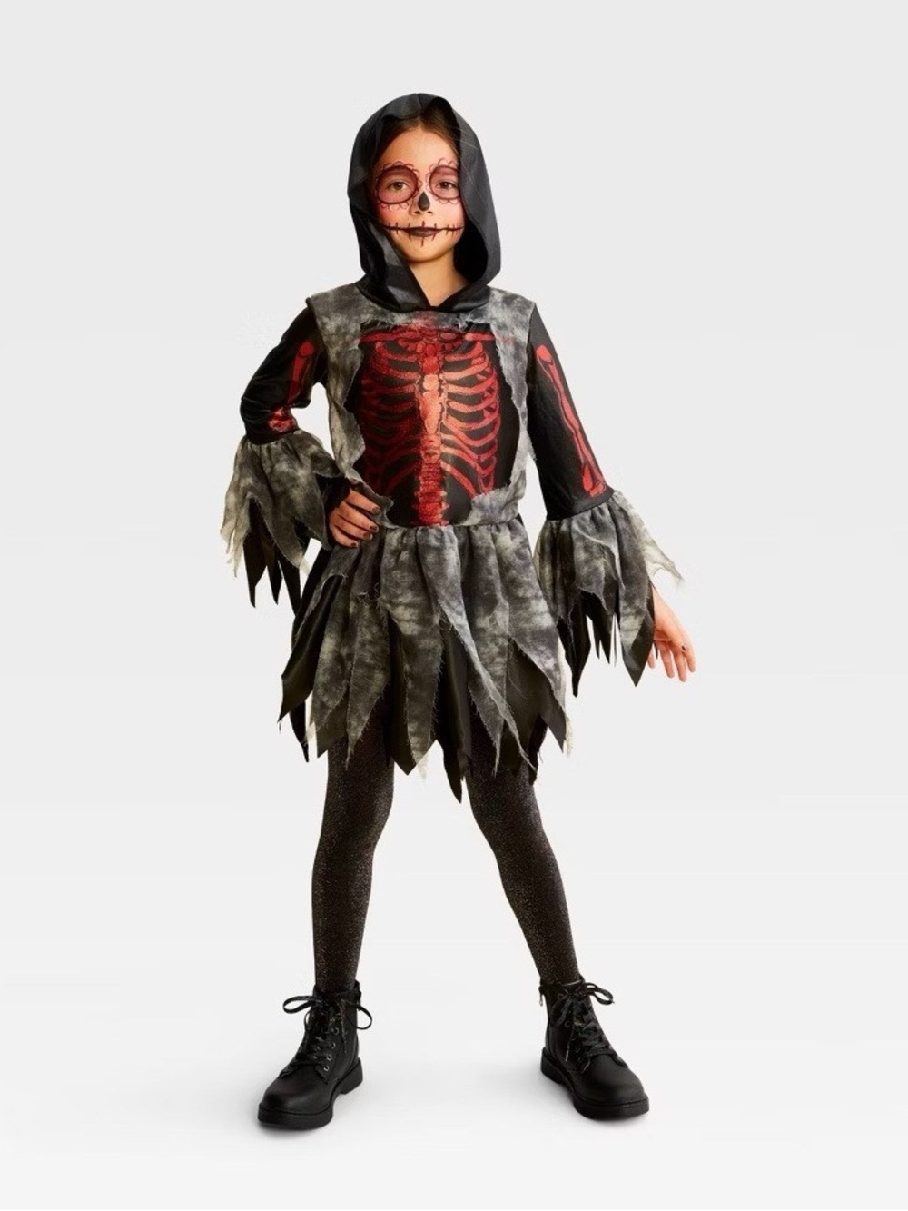 Kids Hooded Skeleton Tunic Costume in Black and